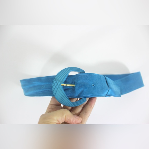 1980’s Turquoise Silk Belt with Art Deco Style Buckle Retro Disco - Picture 6 of 7